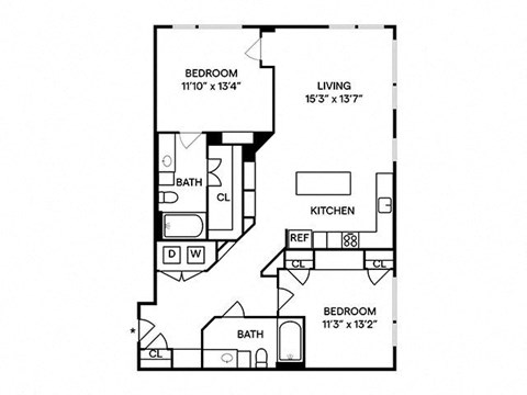 Floor plan for 2 beds, 2 baths, 1201 sqft